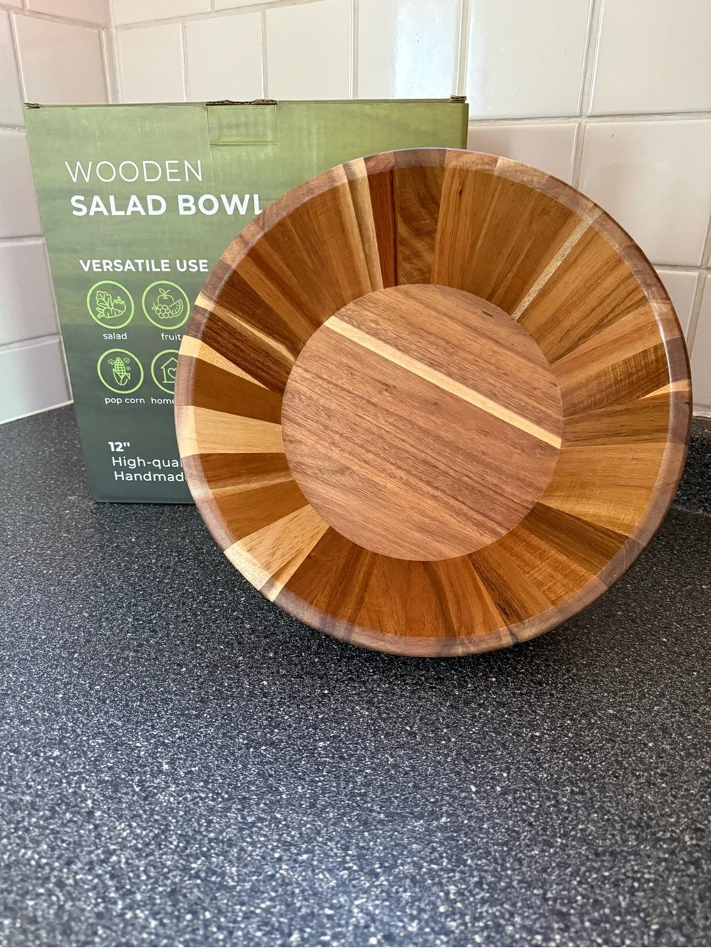 Striped Natural Wood Salad Bowl - Brown